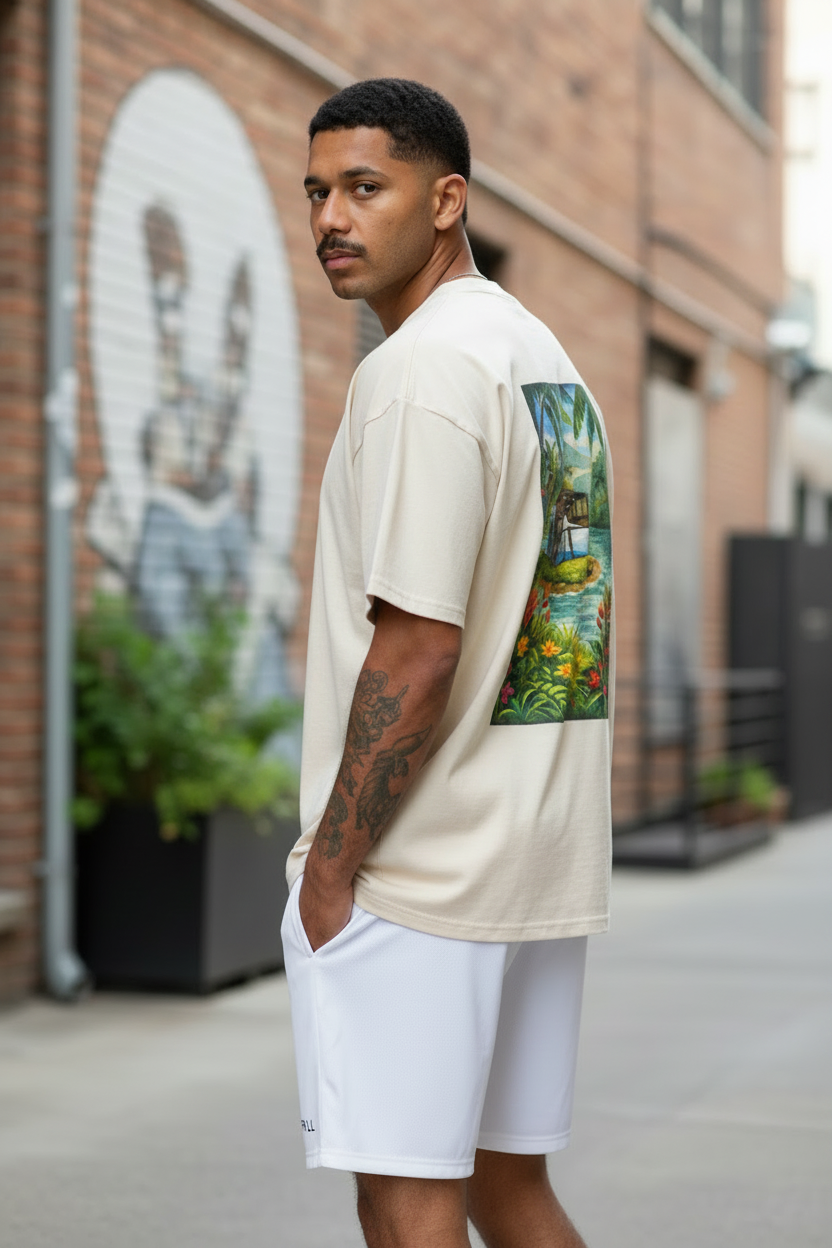 Ecru T-shirt on model