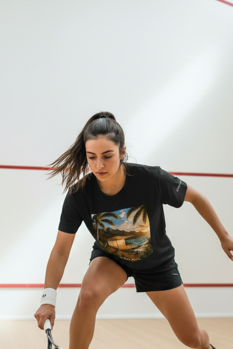 Equall Black Organic Tee - Female Court Lunge Shot