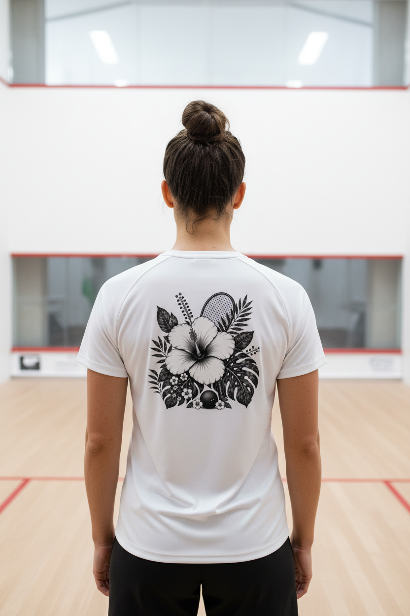Female back view showing squash art work